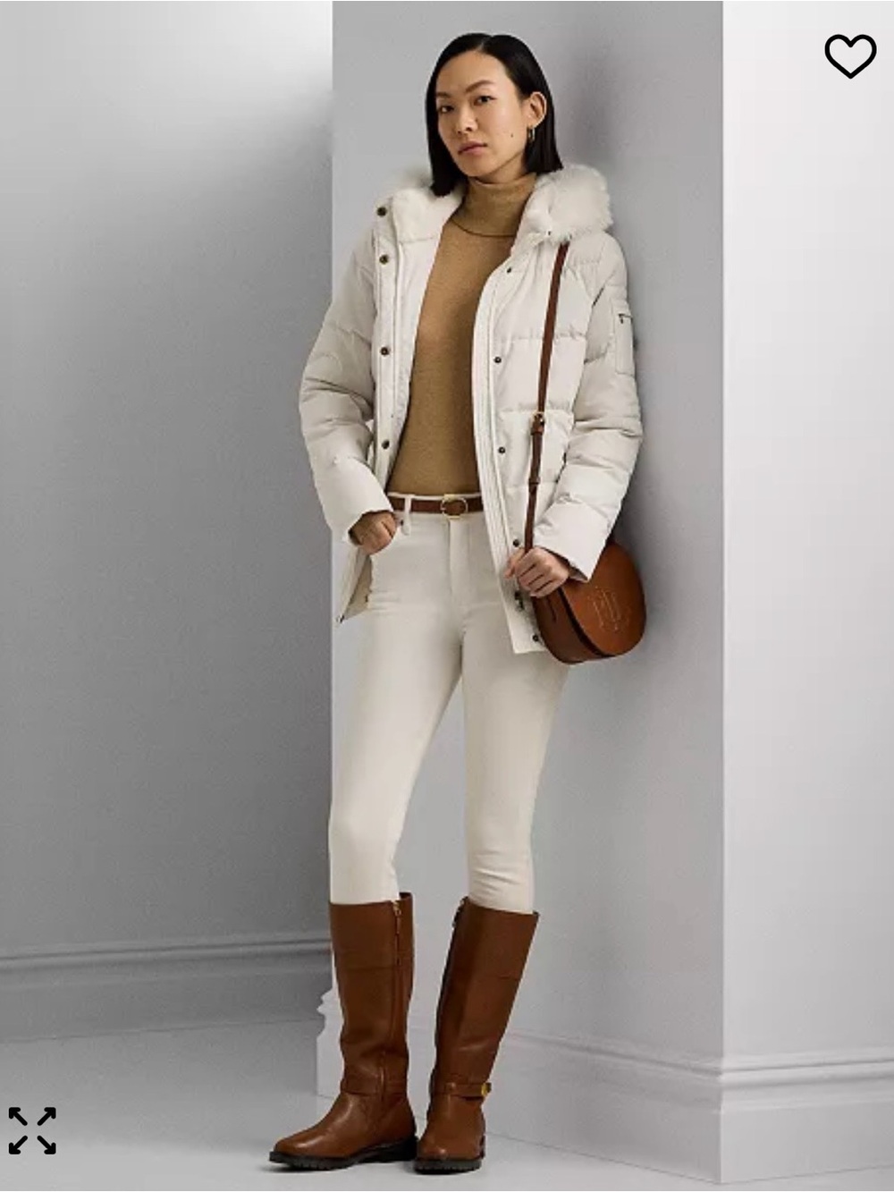 Lauren Ralph Lauren Women’s Down Puffer Jacket Cream Faux Fur Hood Size L NWT